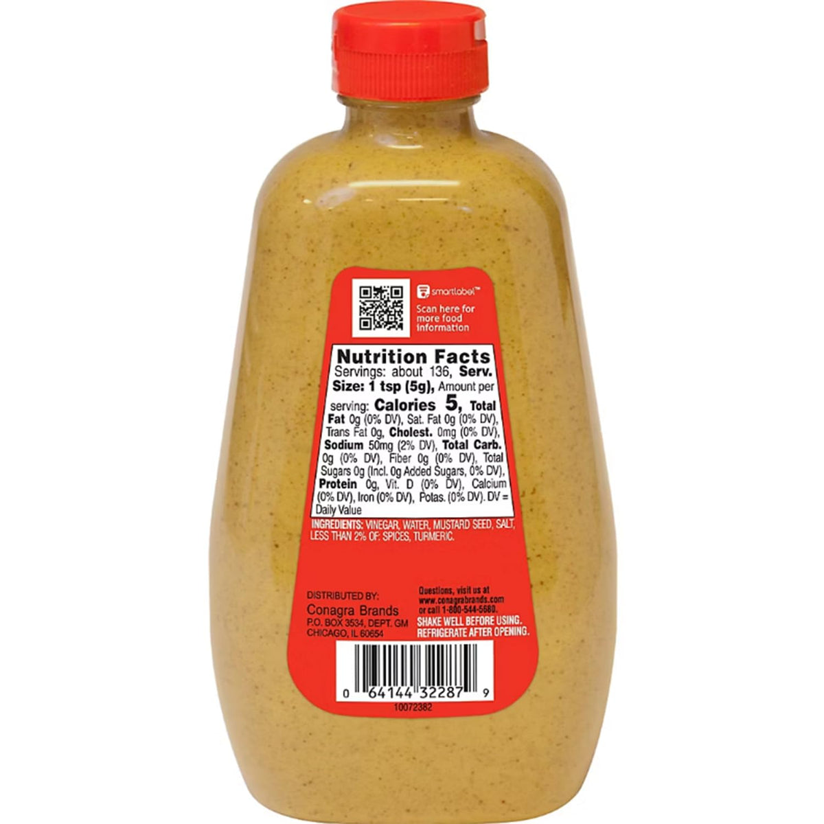 Gulden's Spicy Brown Mustard bottle side shows pour-friendly design for quick meals.