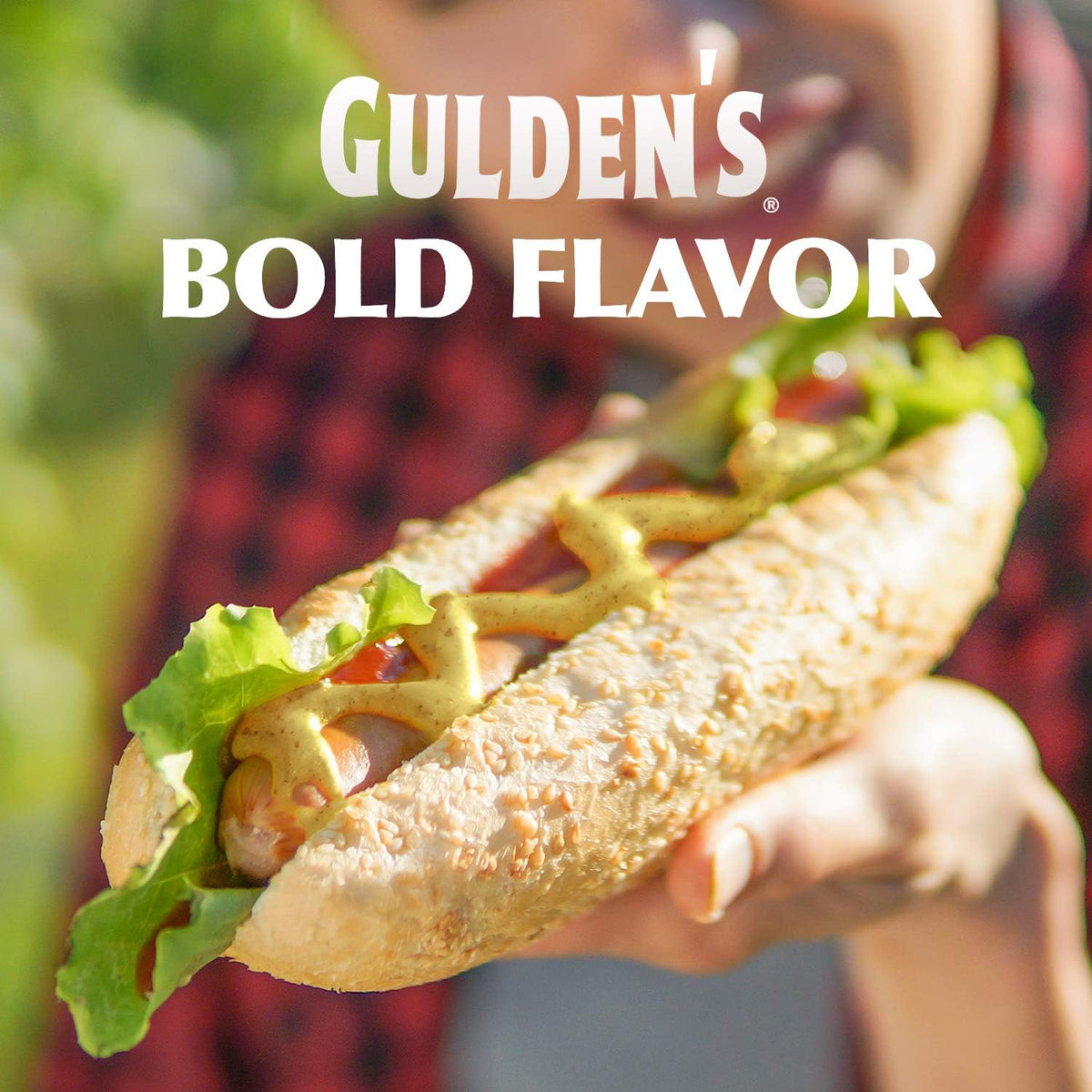 Gulden's Spicy Brown Mustard label closeup highlights classic heritage flavor.