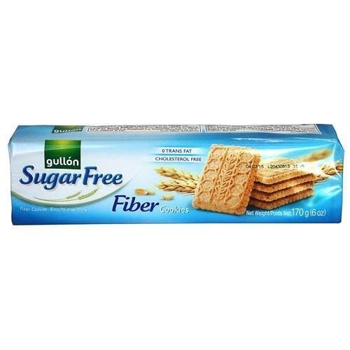 Gullon SF Fiber Cookies box shows high-fiber, sugar-free snack option