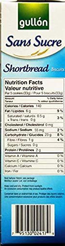 Gullon sugar-free shortbread two-pack, back view, highlights serving size of five cookies.