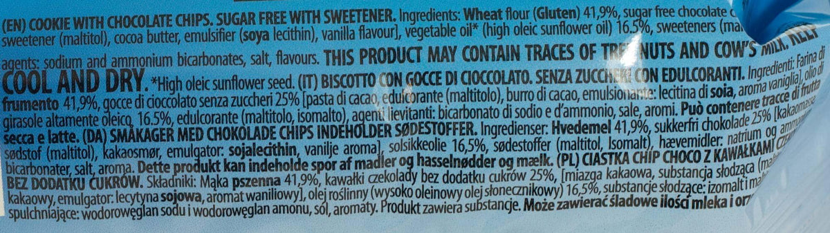 Gullon sugar-free choco chip biscuits close-up, rich chocolate flavor without added sugar