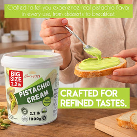 Close-up of Gulluoglu pistachio cream texture showing creamy, smooth spread