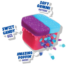 Gummi Popz cross-section displays exterior gummy, gel center, and popping candy.