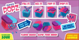 Gummi Popz packaging art highlights berry flavors for festive occasions.