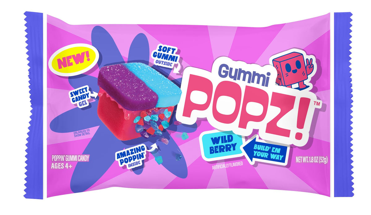 Gummi Popz unwrapped gummy reveals soft exterior and popping center.