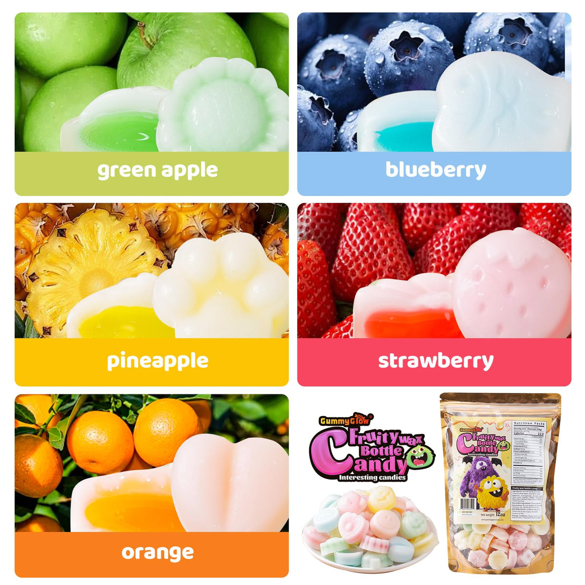 Gummy Glow wax candy blue blueberry flavor closeup for kids and parties.