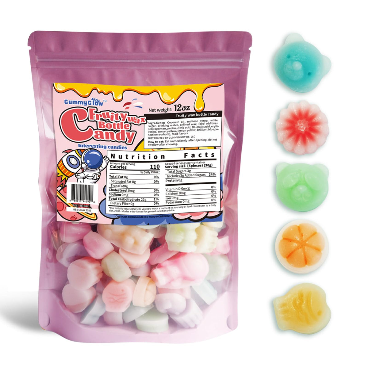 Gummy Glow wax candy bulk pack in resealable bag for easy snacking.