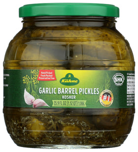 Gundelsheim Kuhne Garlic Barrel Pickles jar, perfect for brunch spreads.