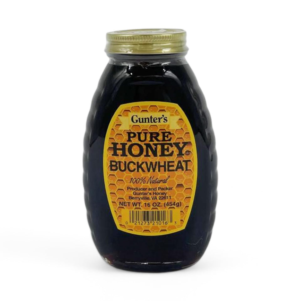 Gunter's Buckwheat Honey bottle with deep amber color, ideal for tea, toast, and baking