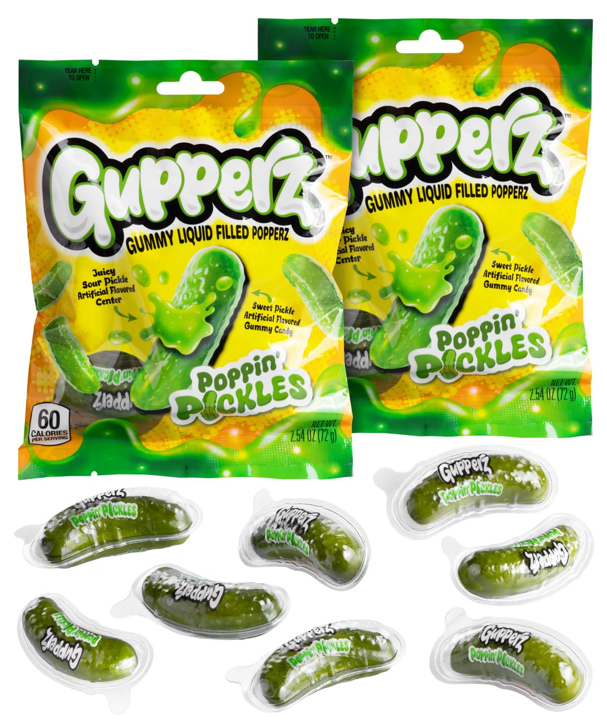Gupperz Poppin' Pickle shell candy reveals a juicy center for flavor exploration.
