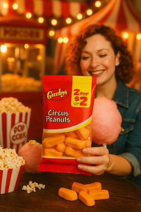 Gurley's Circus Peanuts soft-chewy texture invites a playful, retro candy moment.