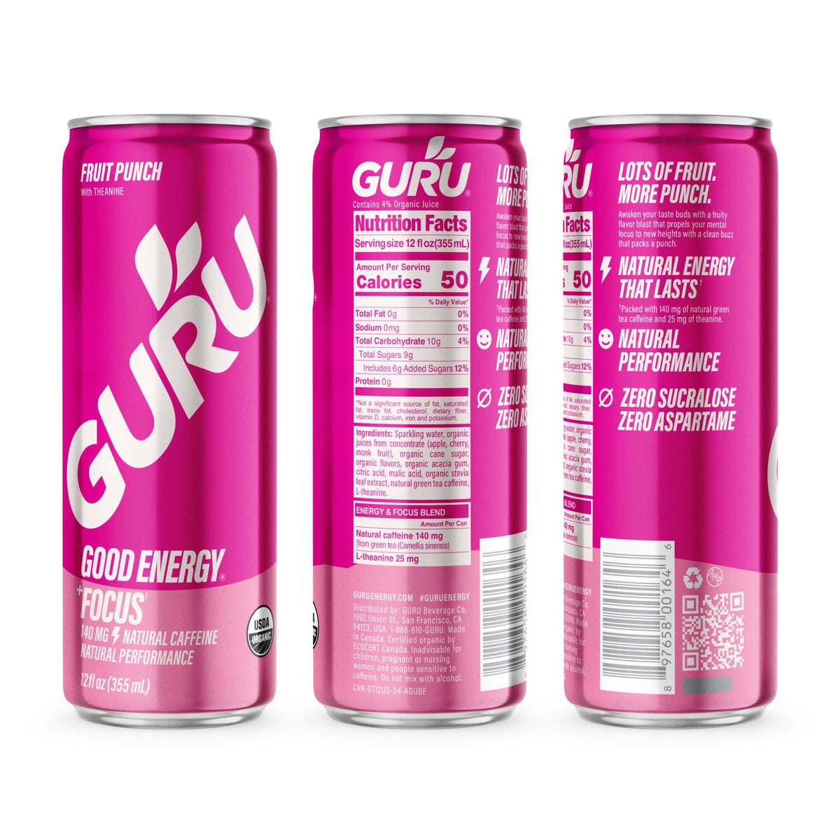 GURU energy drink on ice with splash of fruit.