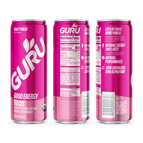 GURU energy drink on ice with splash of fruit.