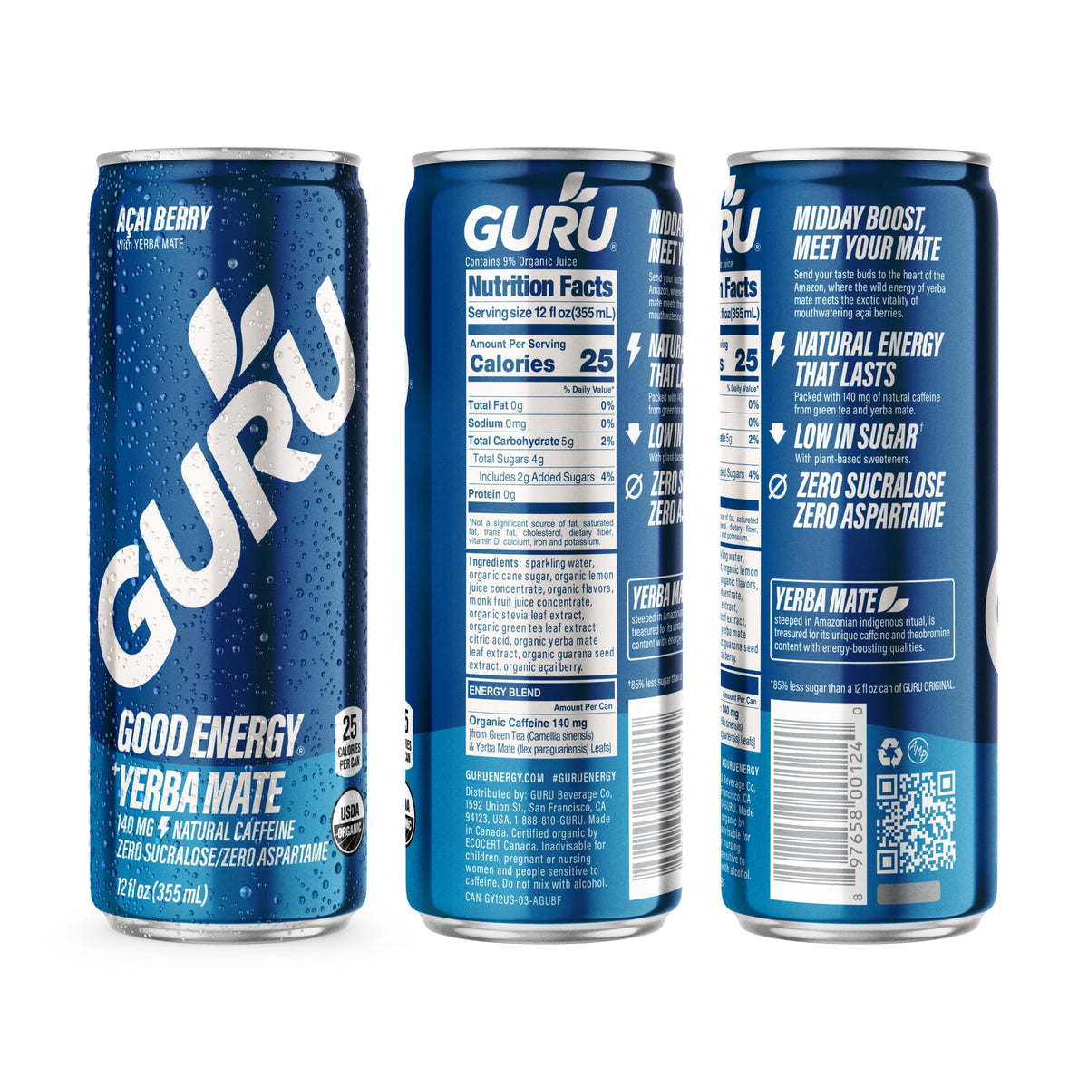 GURU acai berry flavor 12oz can for everyday refreshment