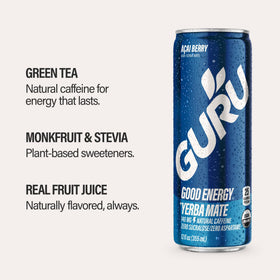 GURU Yerba Mate Acai Berry flavor close-up highlighting natural caffeine from green tea.