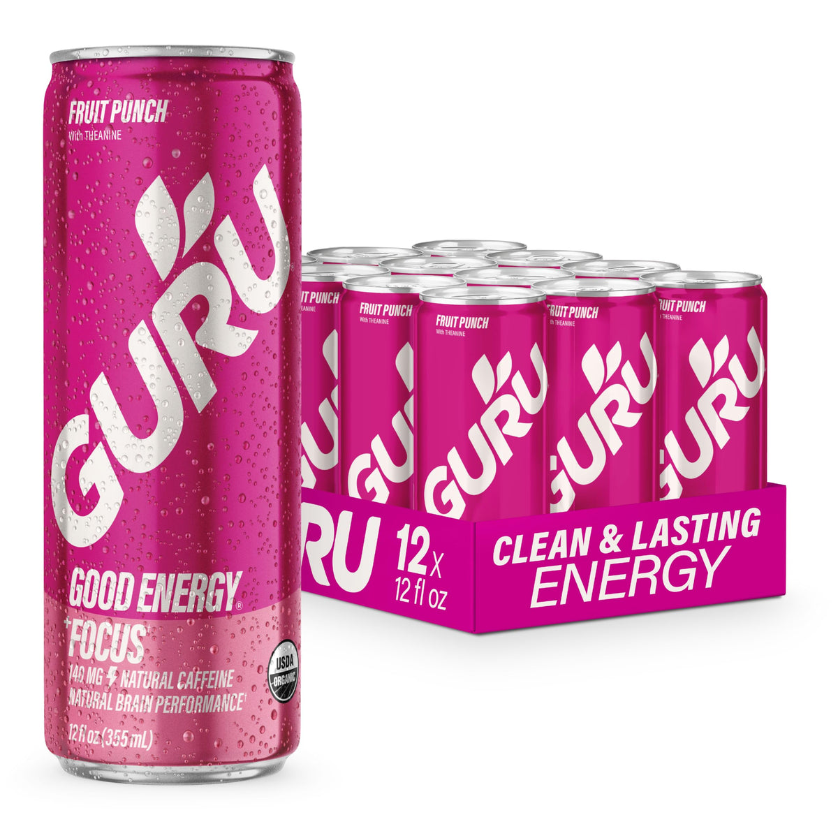 GURU Fruit Punch can front showing natural caffeine for steady energy.