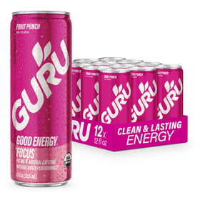 GURU Fruit Punch can front showing natural caffeine for steady energy.