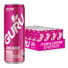 GURU Fruit Punch energy can front view shows clean energy from natural caffeine