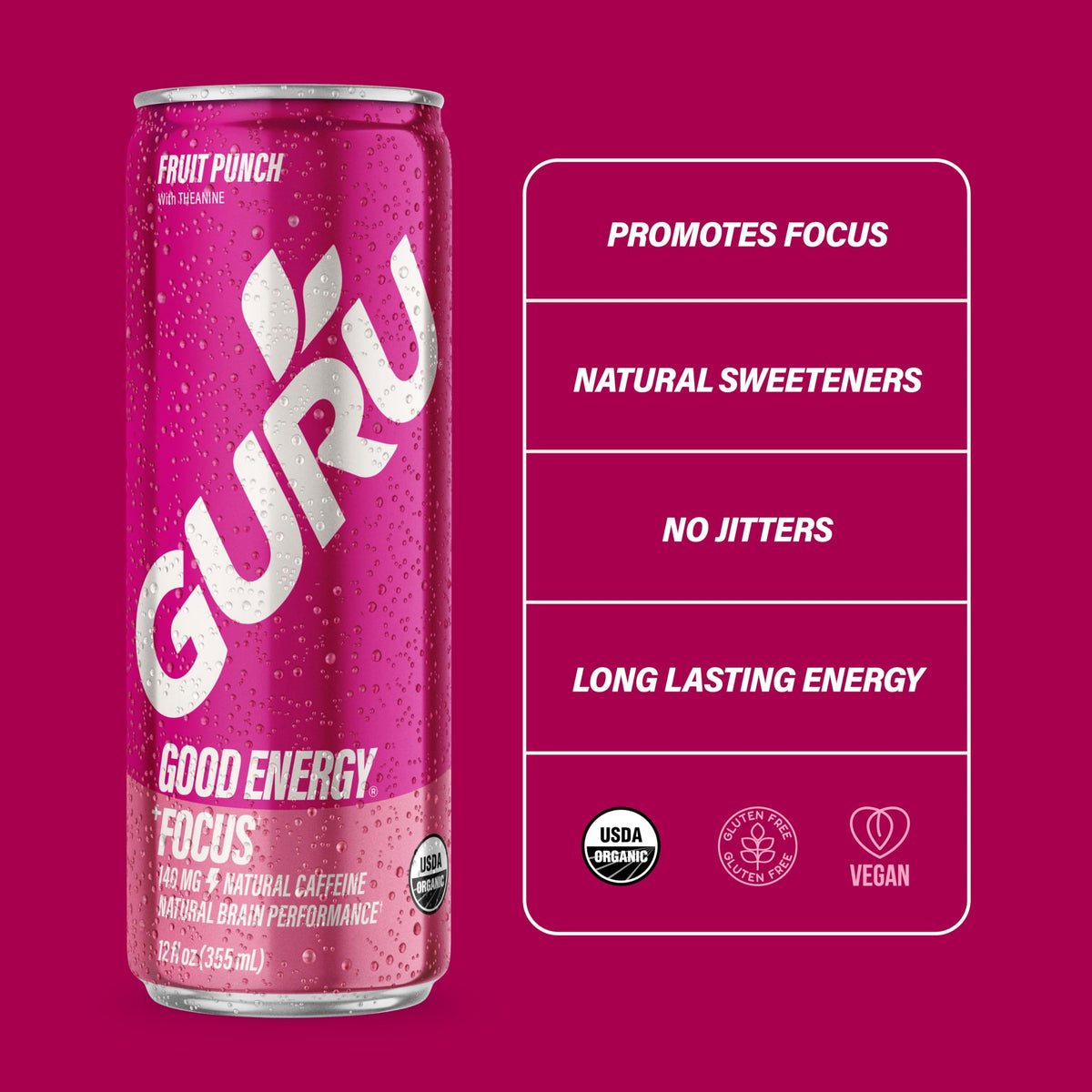 GURU Fruit Punch can label shows vegan and gluten-free attributes