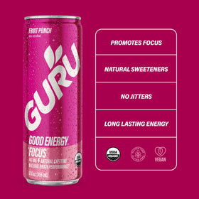 GURU Fruit Punch can label shows vegan and gluten-free attributes