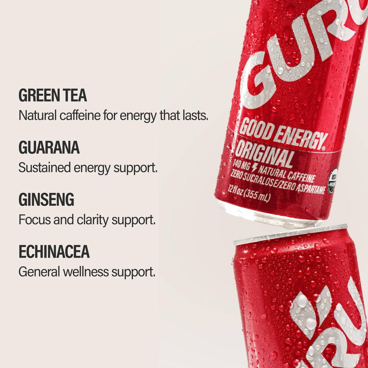 Glass of GURU with green tea caffeine for sustained focus.