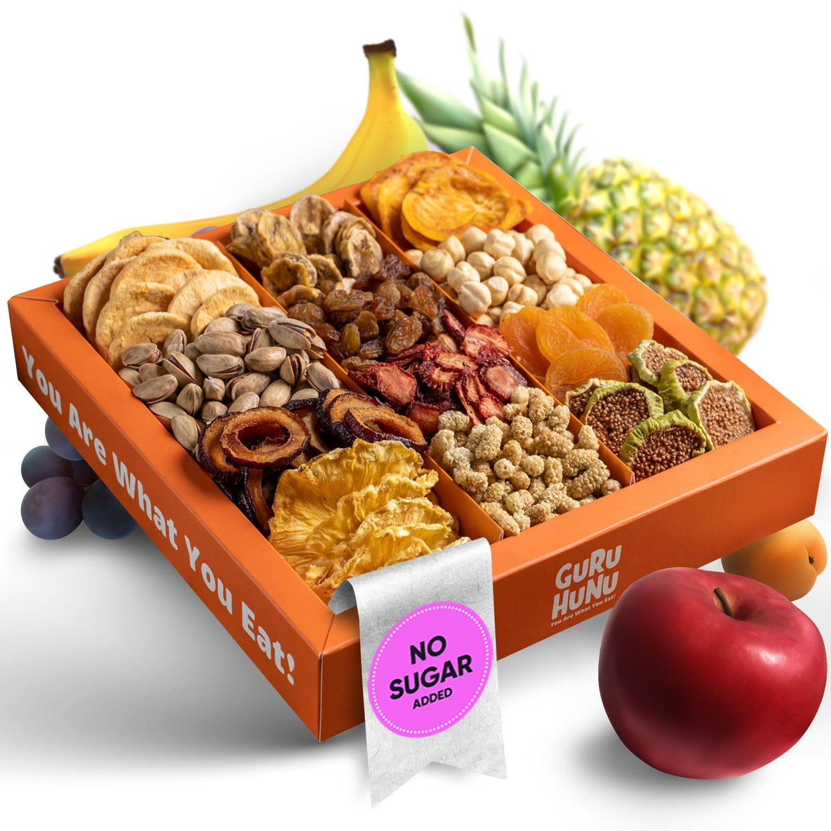 GURU HUNU dried fruit gift box top view showing a premium snack assortment
