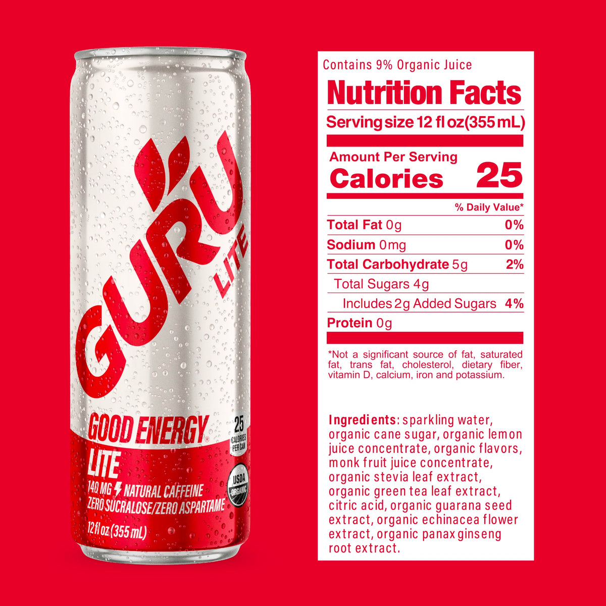 GURU Lite 12oz can with natural caffeine from green tea for lasting energy.