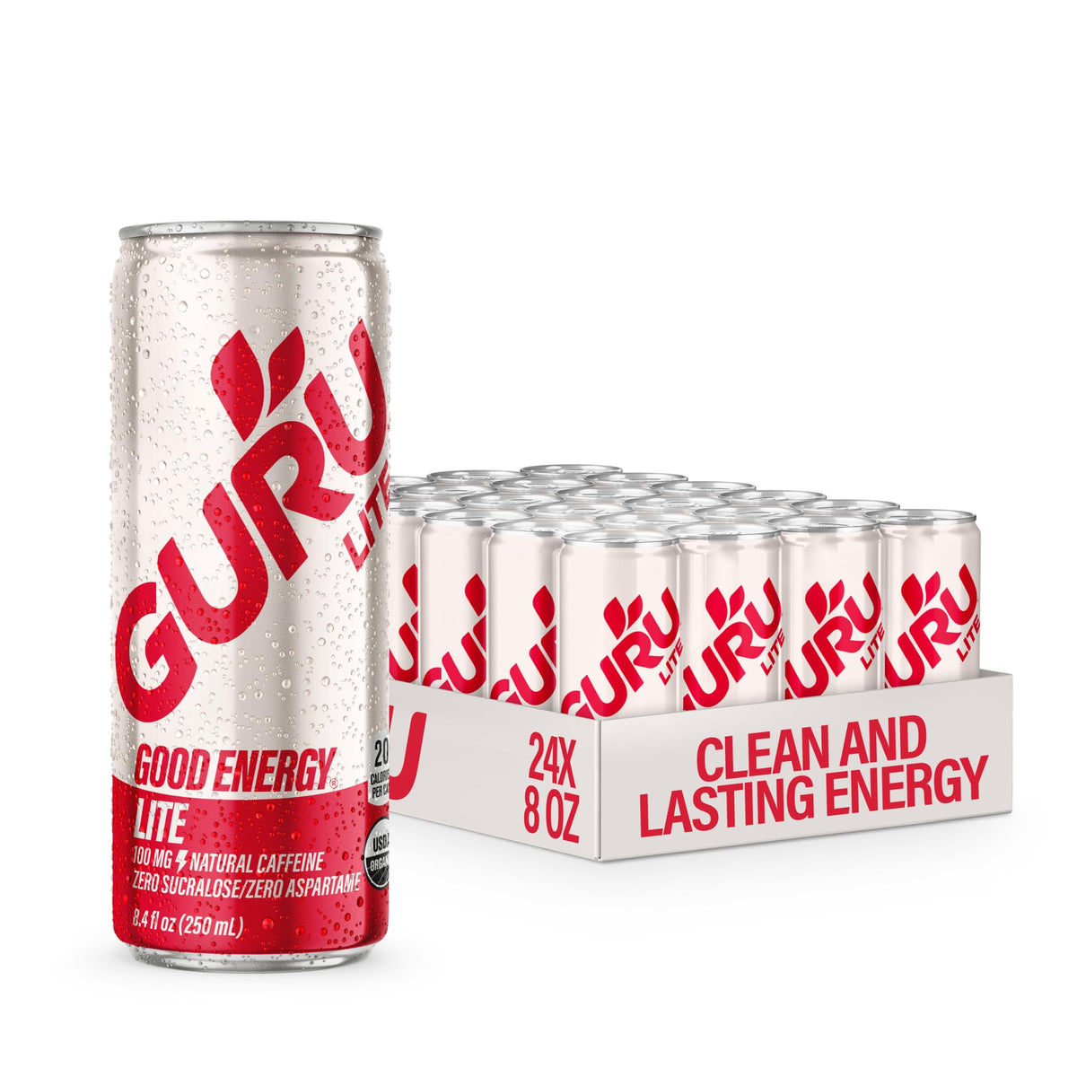 Guru Lite apple-grape can front, plant-based energy for daytime focus.