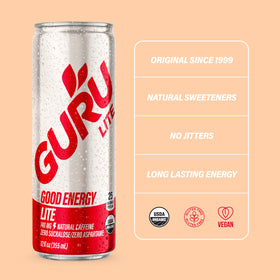 GURU Lite natural caffeine from green tea and guarana for steady focus.