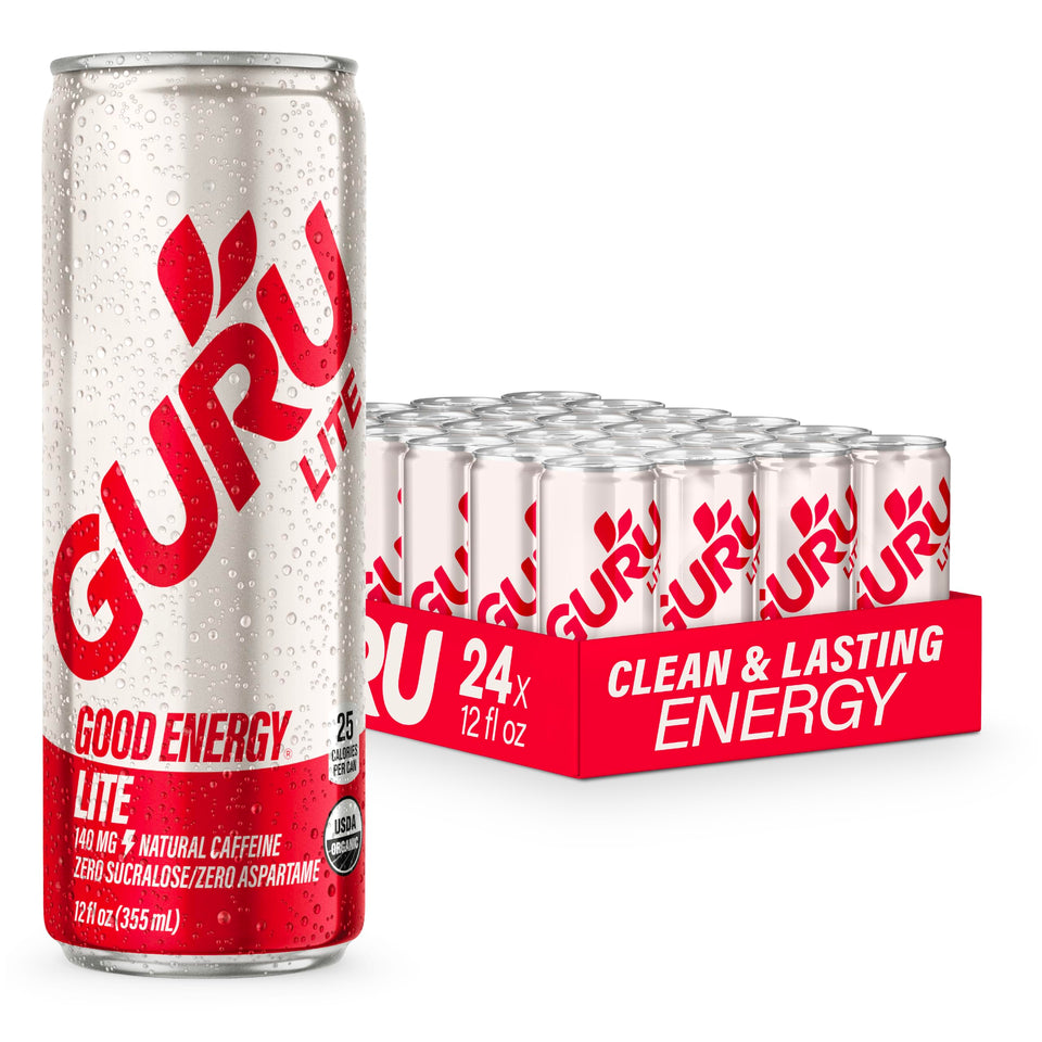 GURU Lite organic energy bottle with apple-grape flavor for sustained focus.