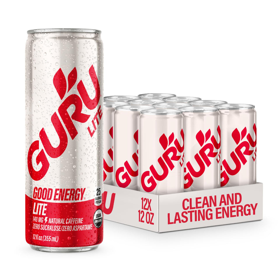 Guru Lite energy can with apple-grape flavor for lasting focus.