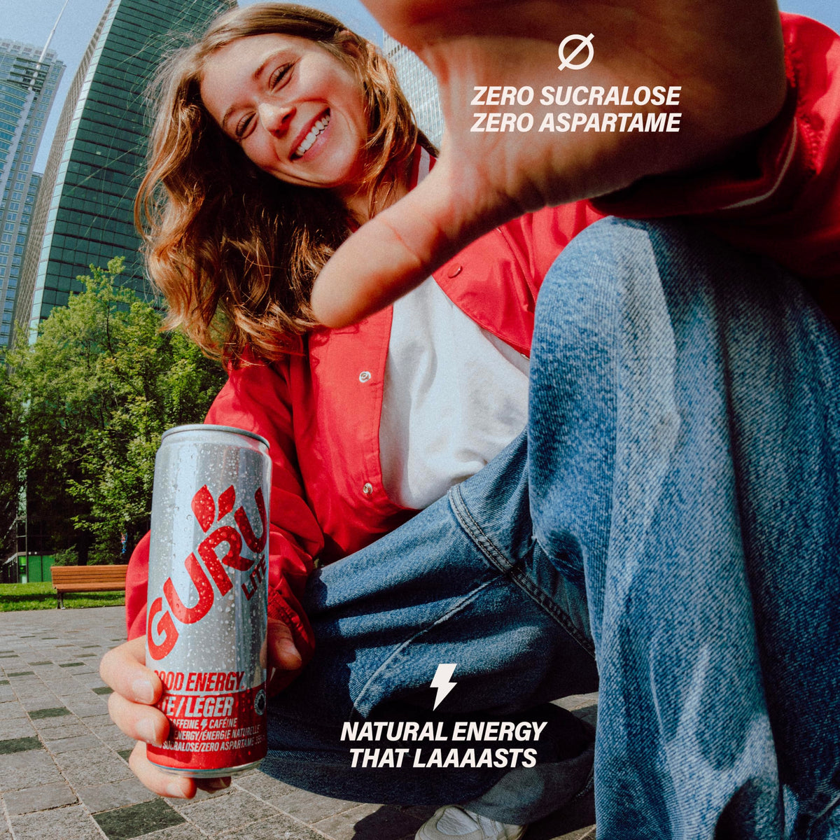 GURU Lite plant-based energy splash with refreshing fruity notes.