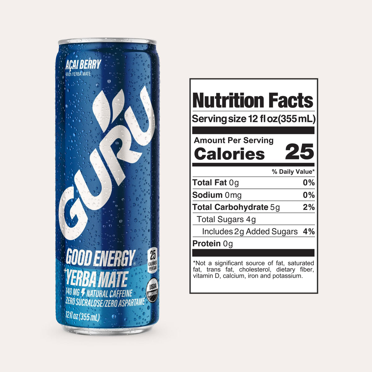 GURU low-calorie energy drink can emphasizes monk fruit and stevia sweeteners.