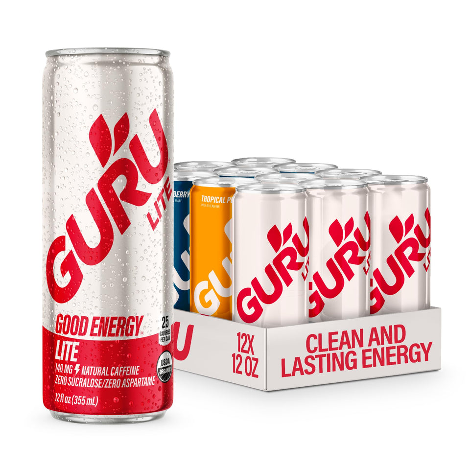 GURU Organic Energy Variety Pack cans on display, offering natural energy from plant-based caffeine.