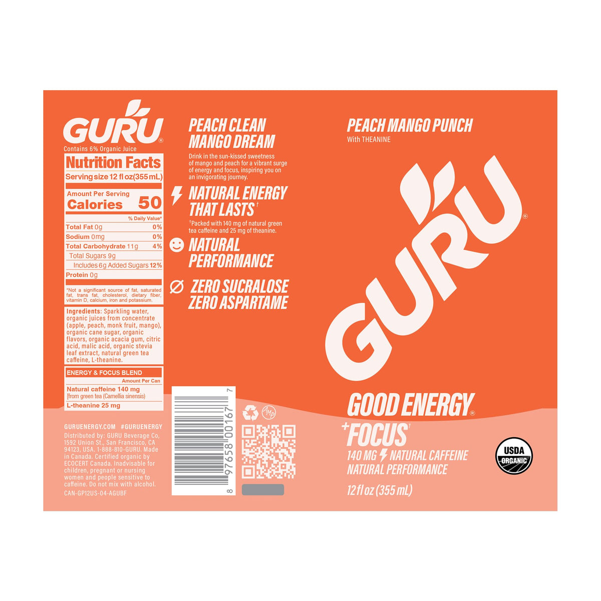 GURU Peach Mango Punch uses organic plant-based energy from green tea caffeine.