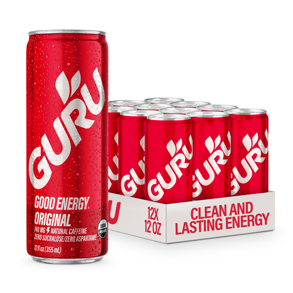 GURU Original energy can on a table showing clean, plant-based energy.