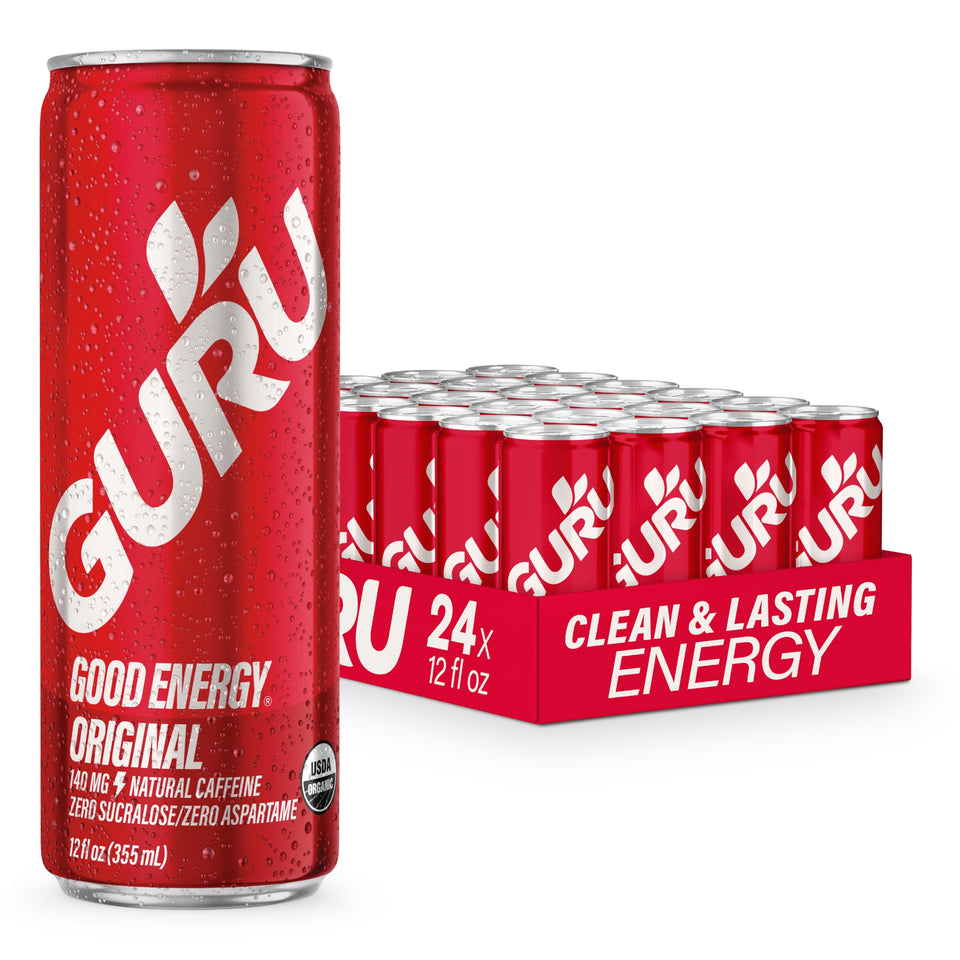 GURU Original energy drink can front view with clean, plant-based caffeine for steady energy