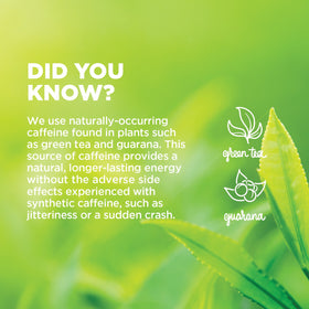 Graphic icon row highlights green tea and guarana natural caffeine for clean energy