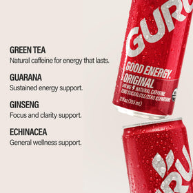 Close-up of GURU label highlighting organic ingredients and natural caffeine sources