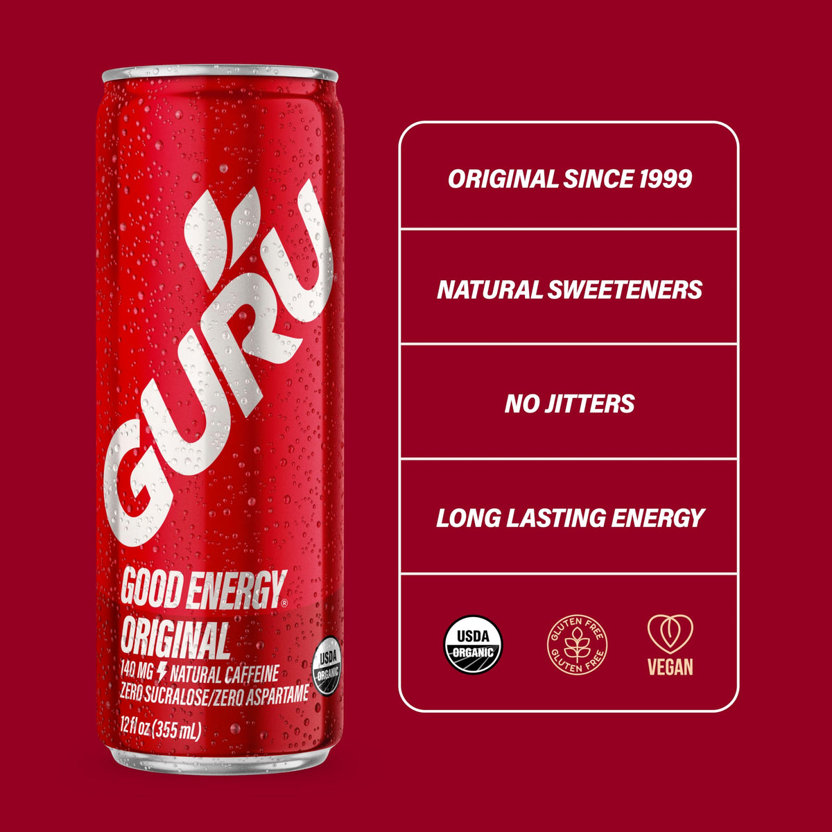 Close-up of GURU Original label reveals USDA organic ingredients and no artificial sweeteners