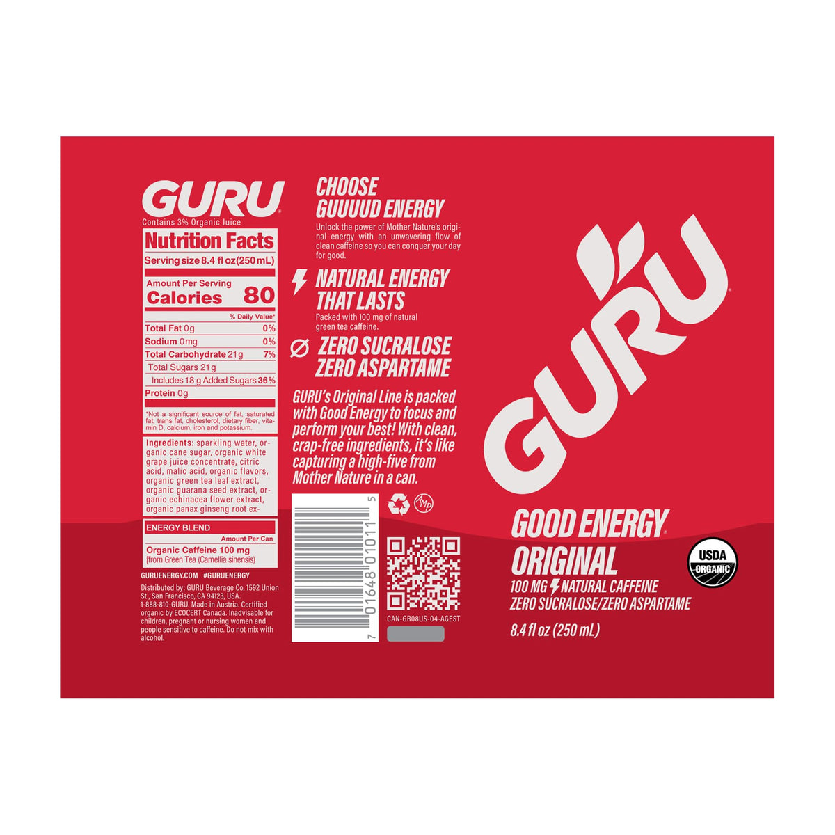 Graphic of GURU ingredients emphasizing non-GMO vegan formulation