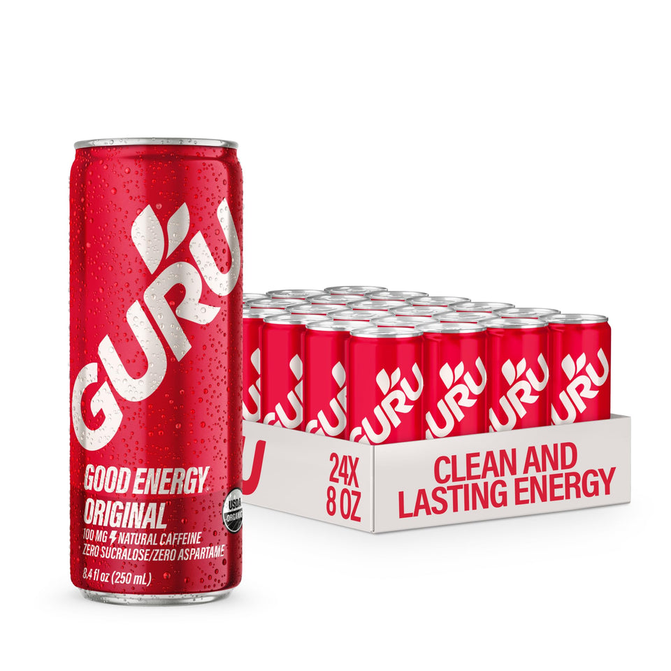 GURU Original Organic Energy Drink can in hand showing brand and size for a clean caffeine boost