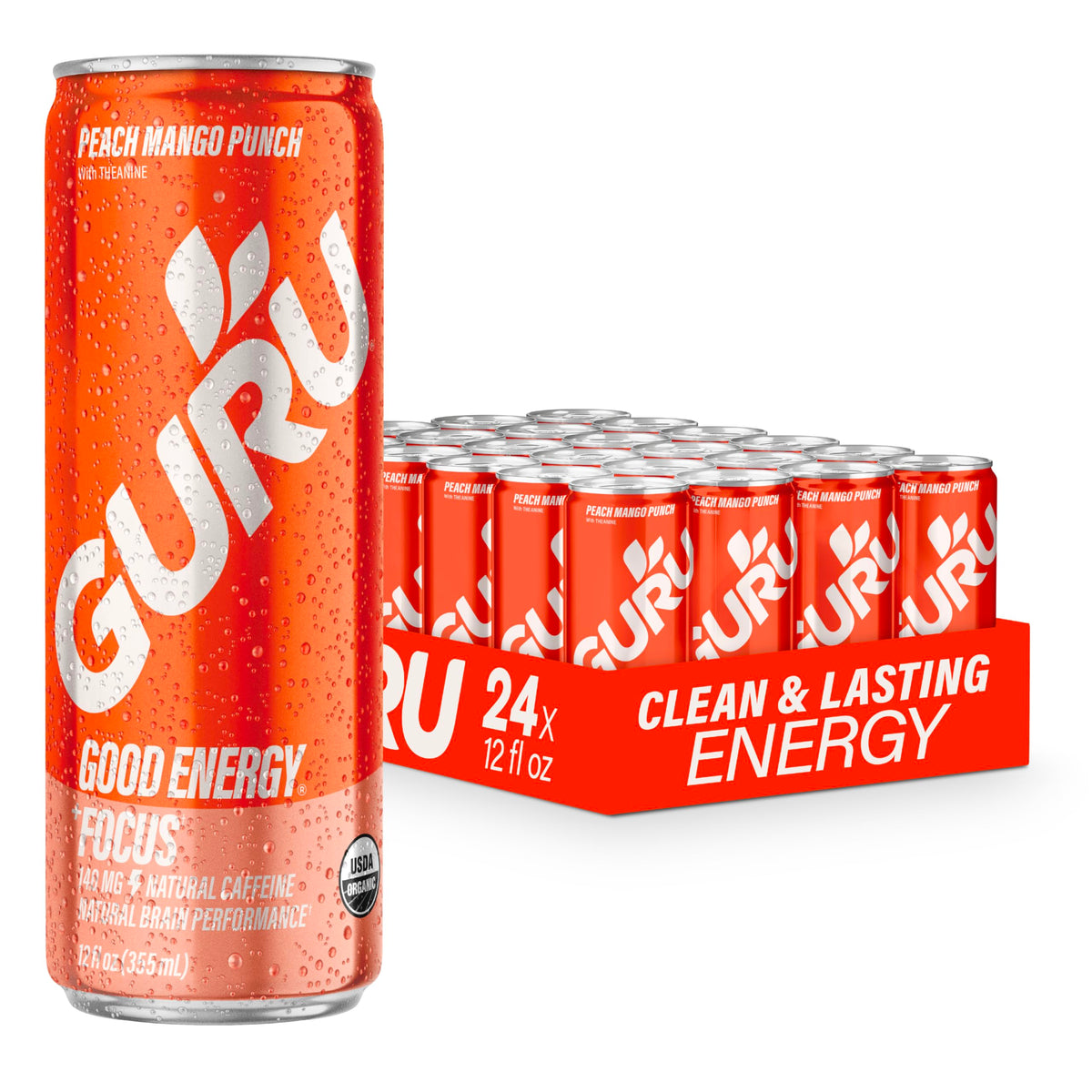 GURU Peach Mango Punch can front view showing clean energy and focus.