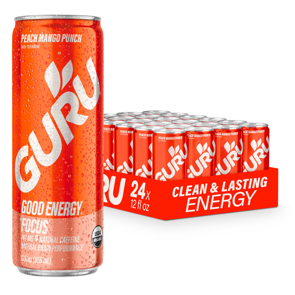 GURU Peach Mango Punch can front view showing clean energy and focus.