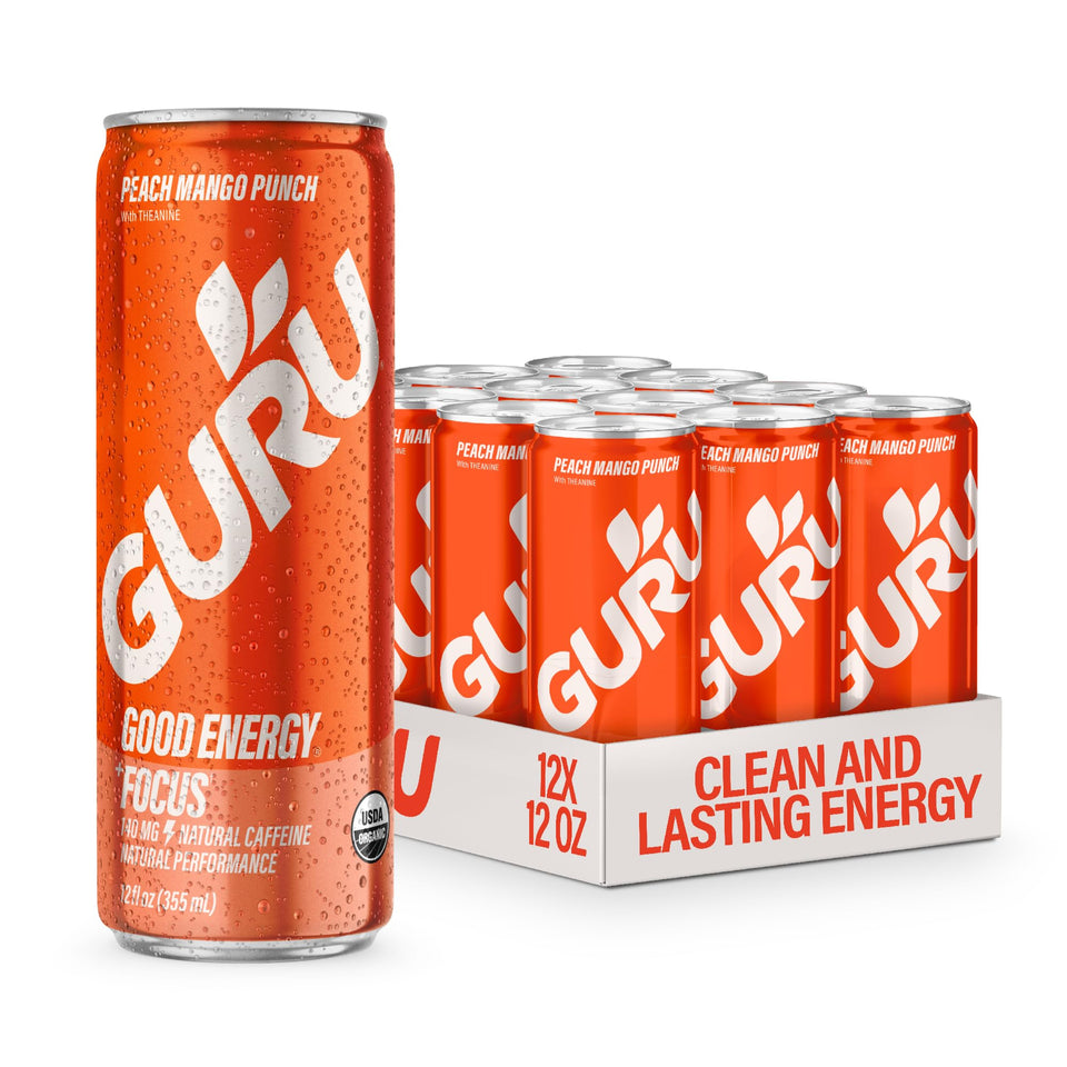 GURU Peach Mango Punch can side view for a refreshing organic energy option.