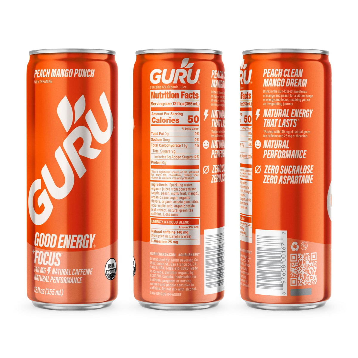GURU Peach Mango Punch energy boost with ice for a cool lift.