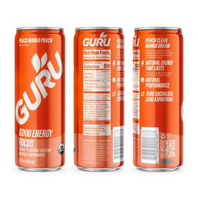 GURU Peach Mango Punch energy boost with ice for a cool lift.
