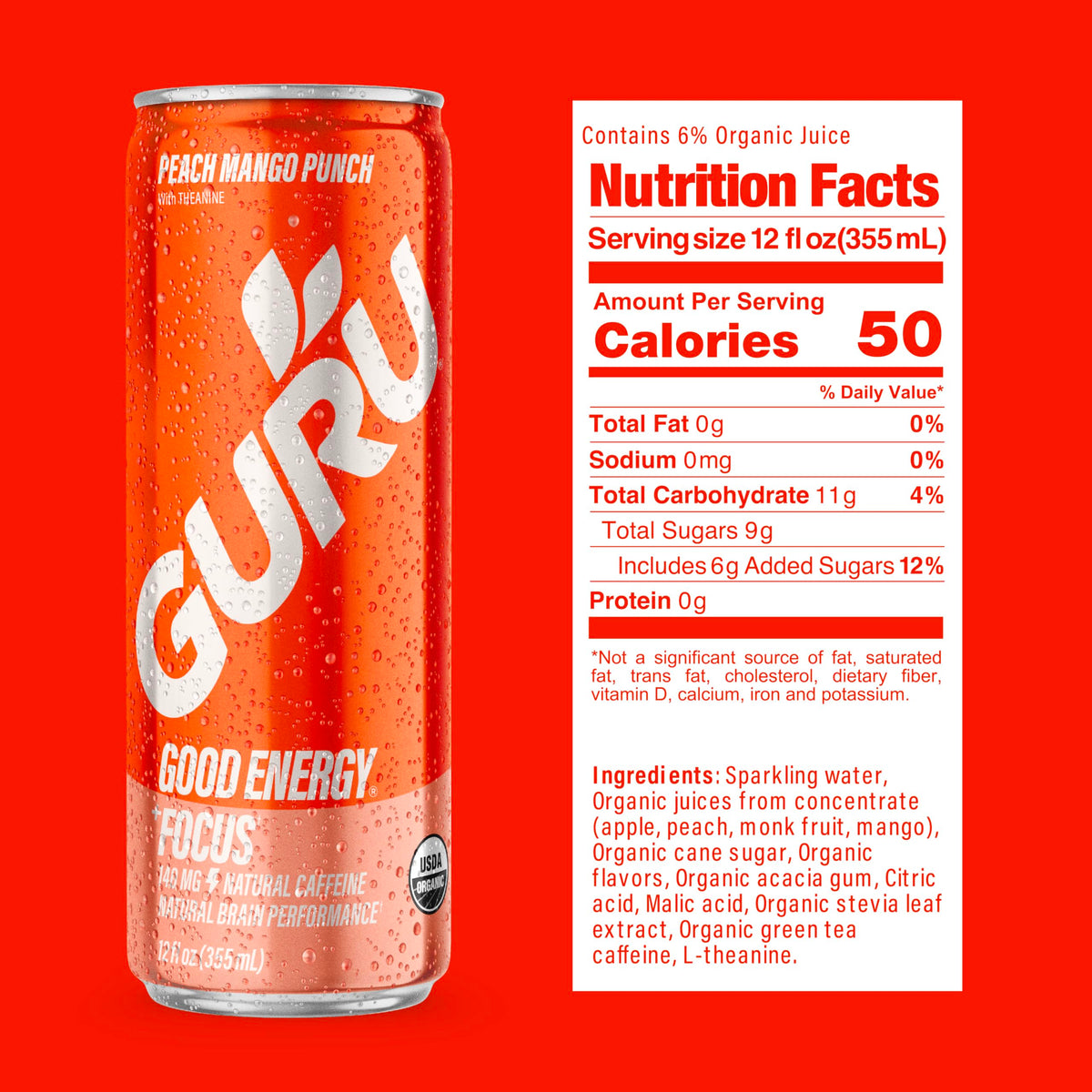 GURU Peach Mango Punch in fridge display ready for on-the-go sipping.