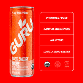 GURU Peach Mango Punch ingredients label indicating organic and vegan credentials.