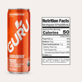 GURU Peach Mango Punch label detail highlights vegan, gluten-free, non-GMO credentials.